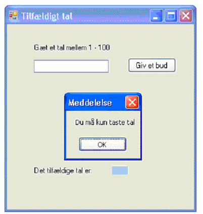 screenshot af meddelelse ved indtastning af ikke-tal